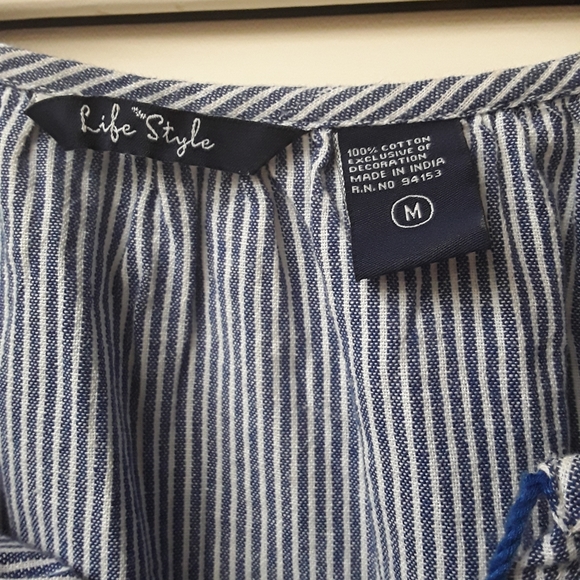 Blue White Striped Rainbow Boho Embroiderd Top M - Picture 6 of 7